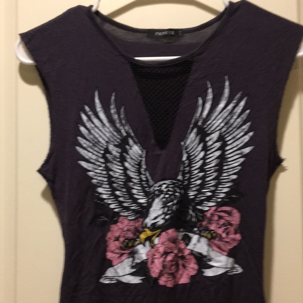 Papaya women eagle roses biker Top mesh peekaboo front/raw sleeveless size S